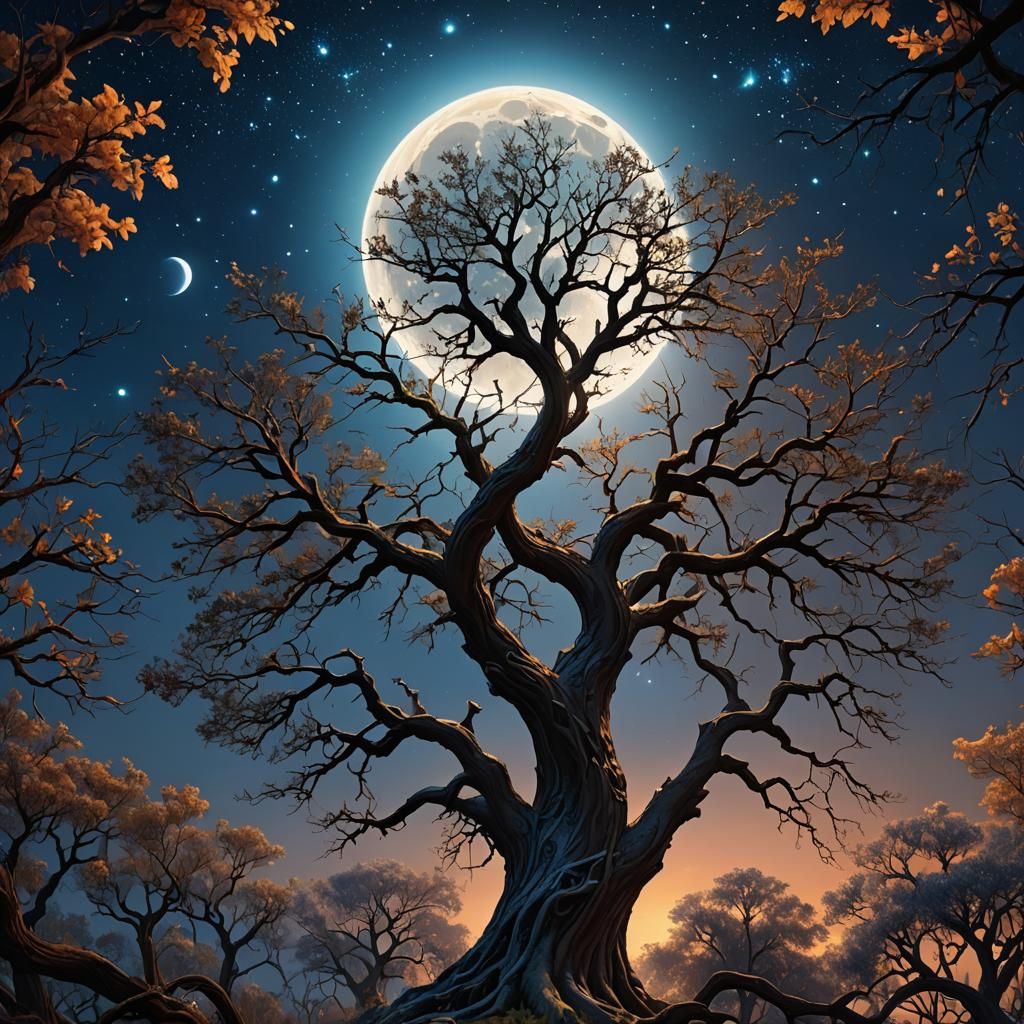 Thrilling Night Tree with Moon and Stars