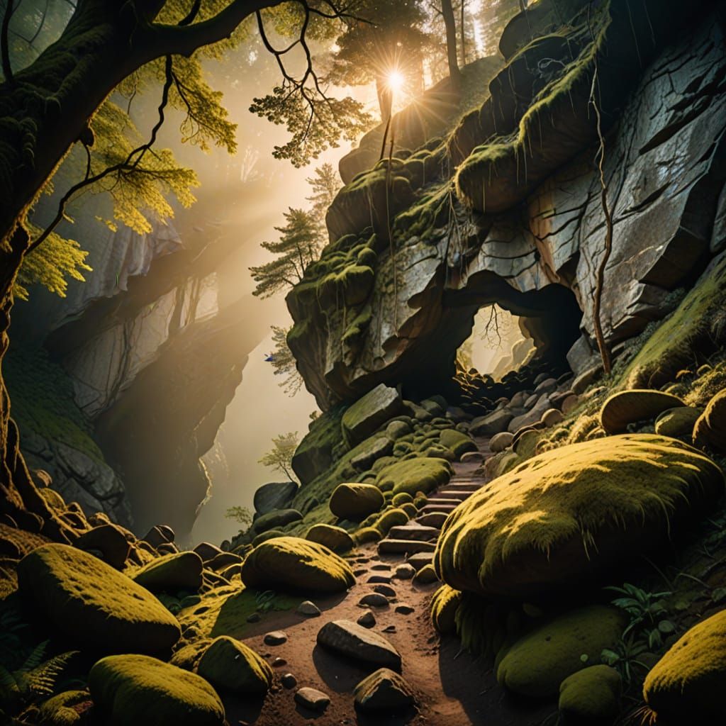 Mystical Alpine Cave Entrance in Ethereal Light