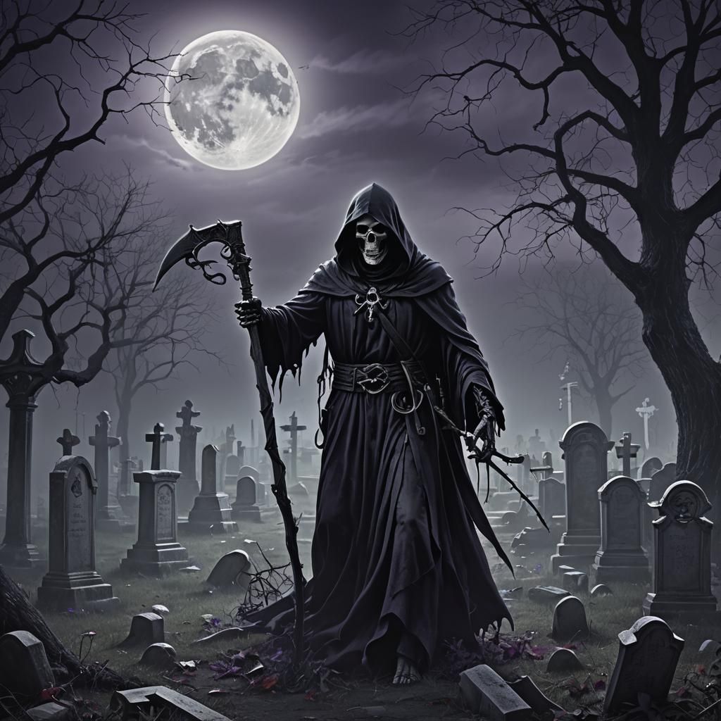 Grim Reaper in Cemetery: Dark Fantasy Art