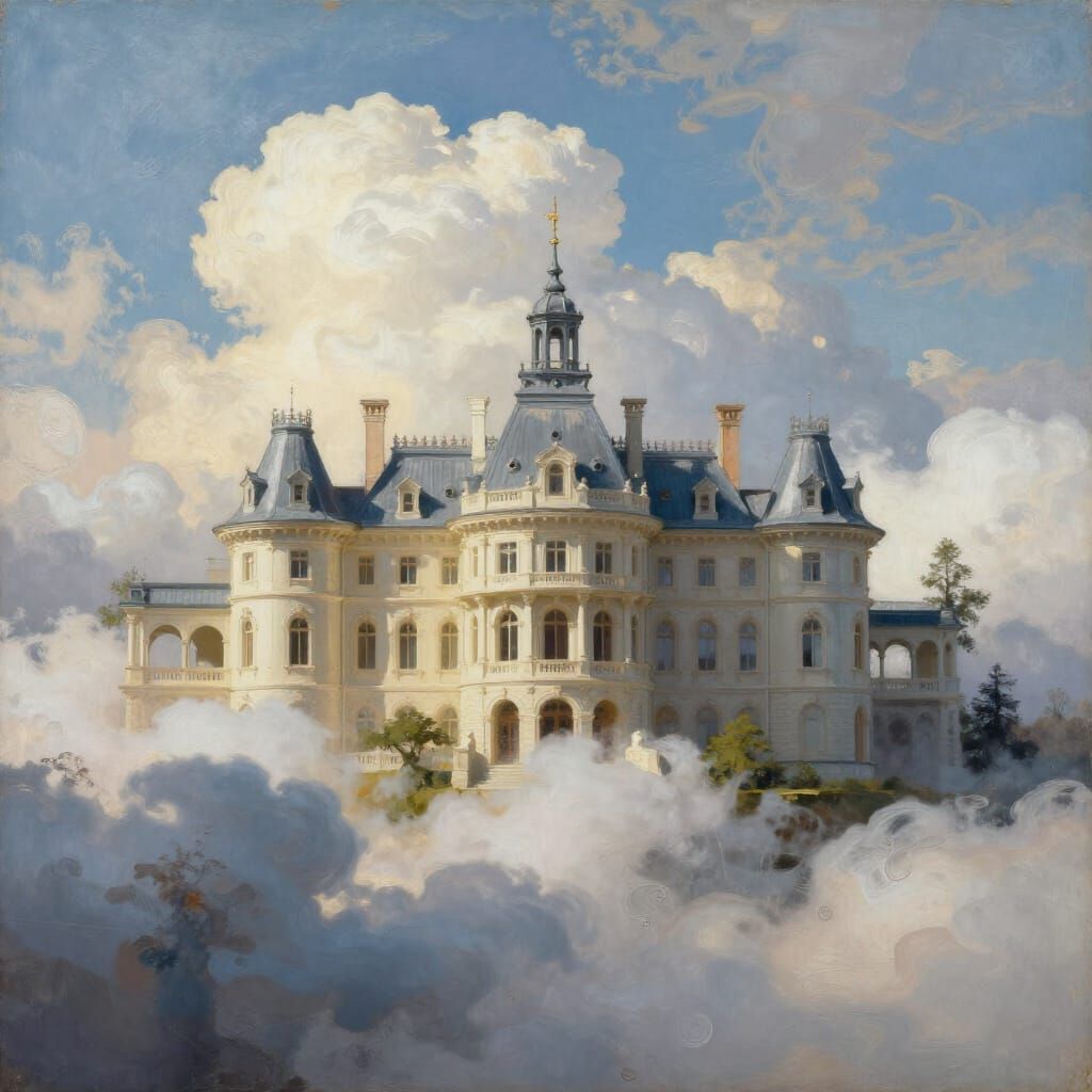 Glass Art Mansion Amidst Clouds in Frazetta Style