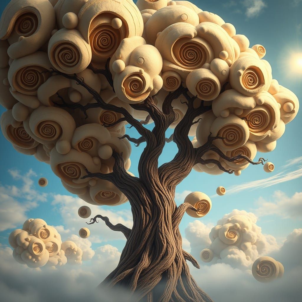 Massive Twisting Tree Rises Through Carved Wood Clouds