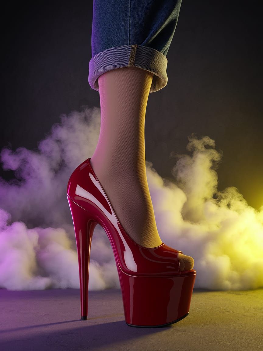 A foot is positioned in a striking red high heel shoe with a glossy finish. The shoe features a peep toe design and an e...