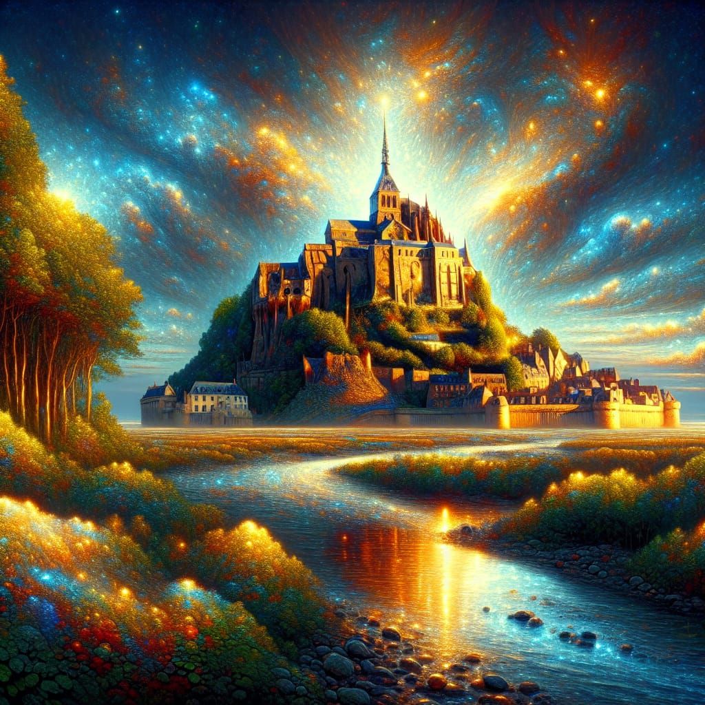 Illuminated Mont Saint-Michel with Volumetric Lighting