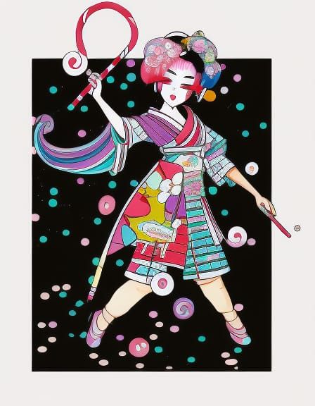 Geisha at Karaoke Night in Kawaii Candy Style