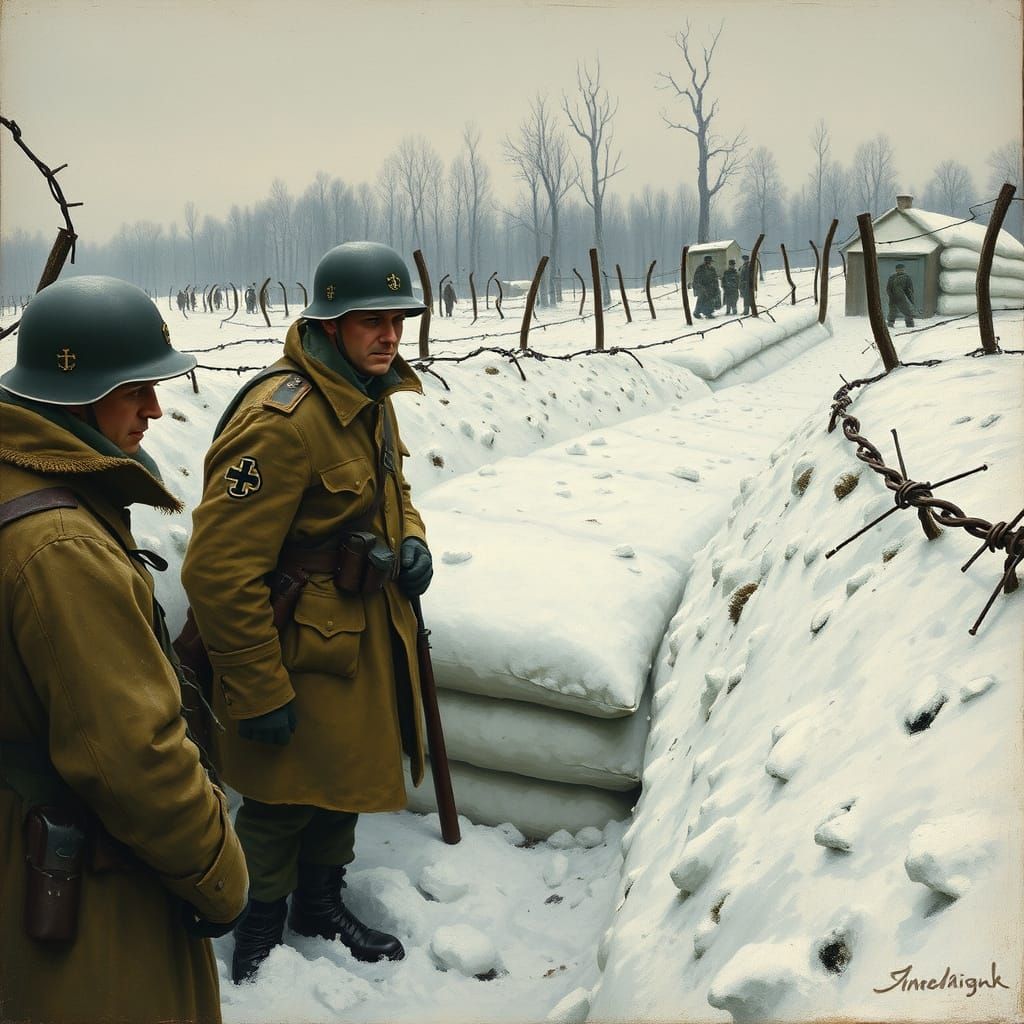 German Soldiers in Snowy Trench: A Grim Winter Scene