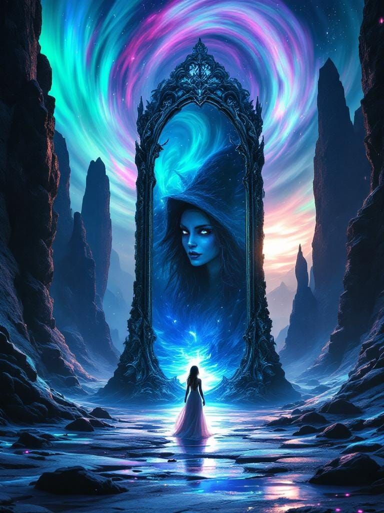 Princess and Witch Mirror Under Aurora Sky