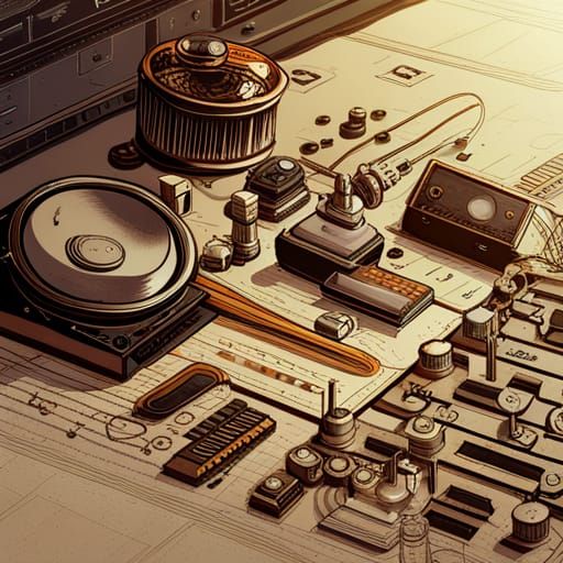 Steampunk Futuristic Drum Machine Blueprint Illustration