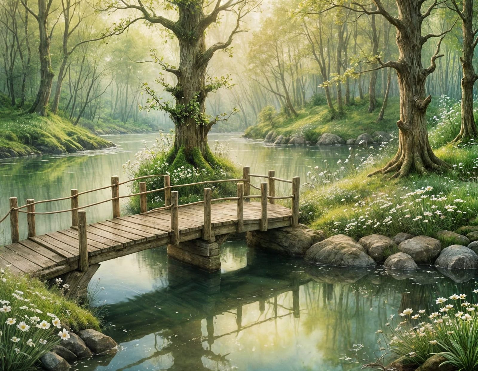 Enchanted Woodland Bridge in Whimsical Watercolor
