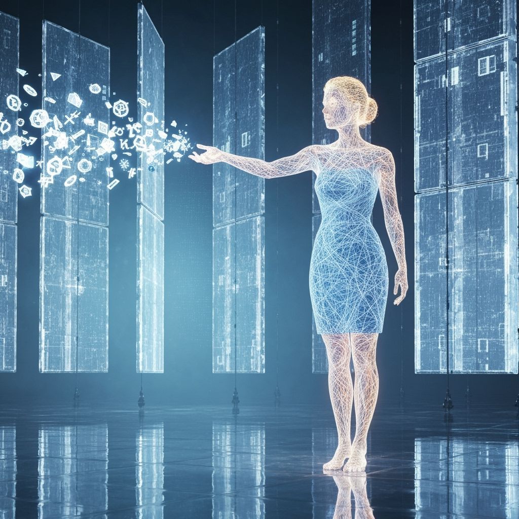 Digital Woman Weaving Symbols in Crystal Space