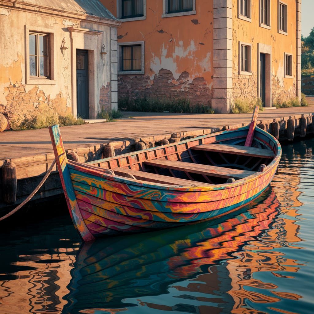 Graffiti-Adorned Fishing Boat in Sunlit Harbor Oil Painting
