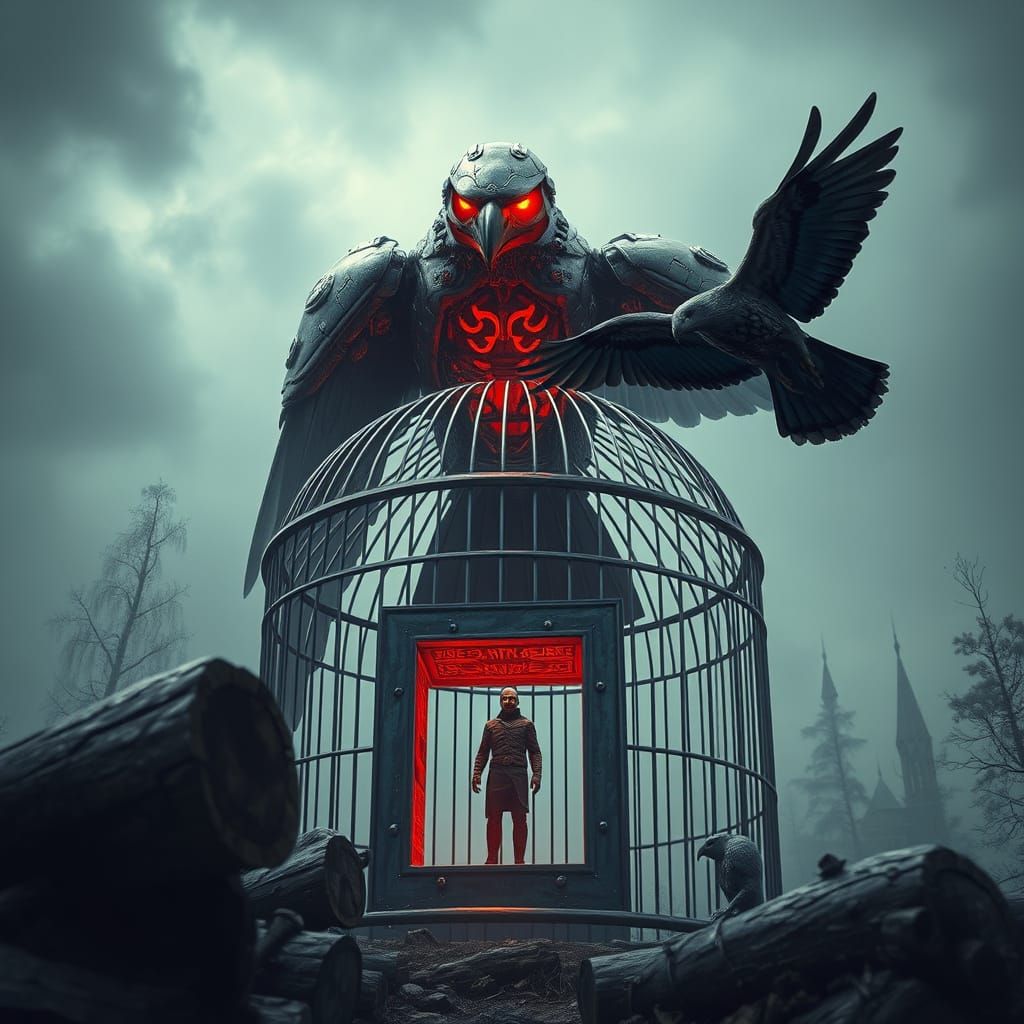 Giant Cyborg Hawks in Dystopian Birdcage