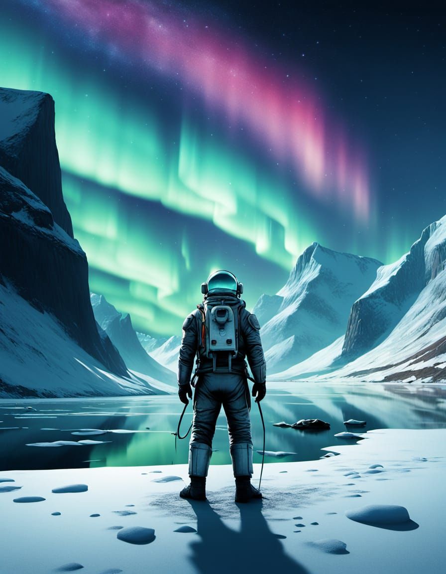 Astronaut and Viking in Snowy Fjord Under Aurora Borealis