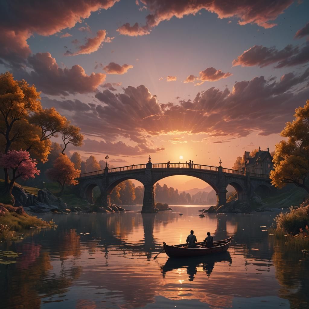 Romantic Sunset Lake Scene in Fantasy Art Style