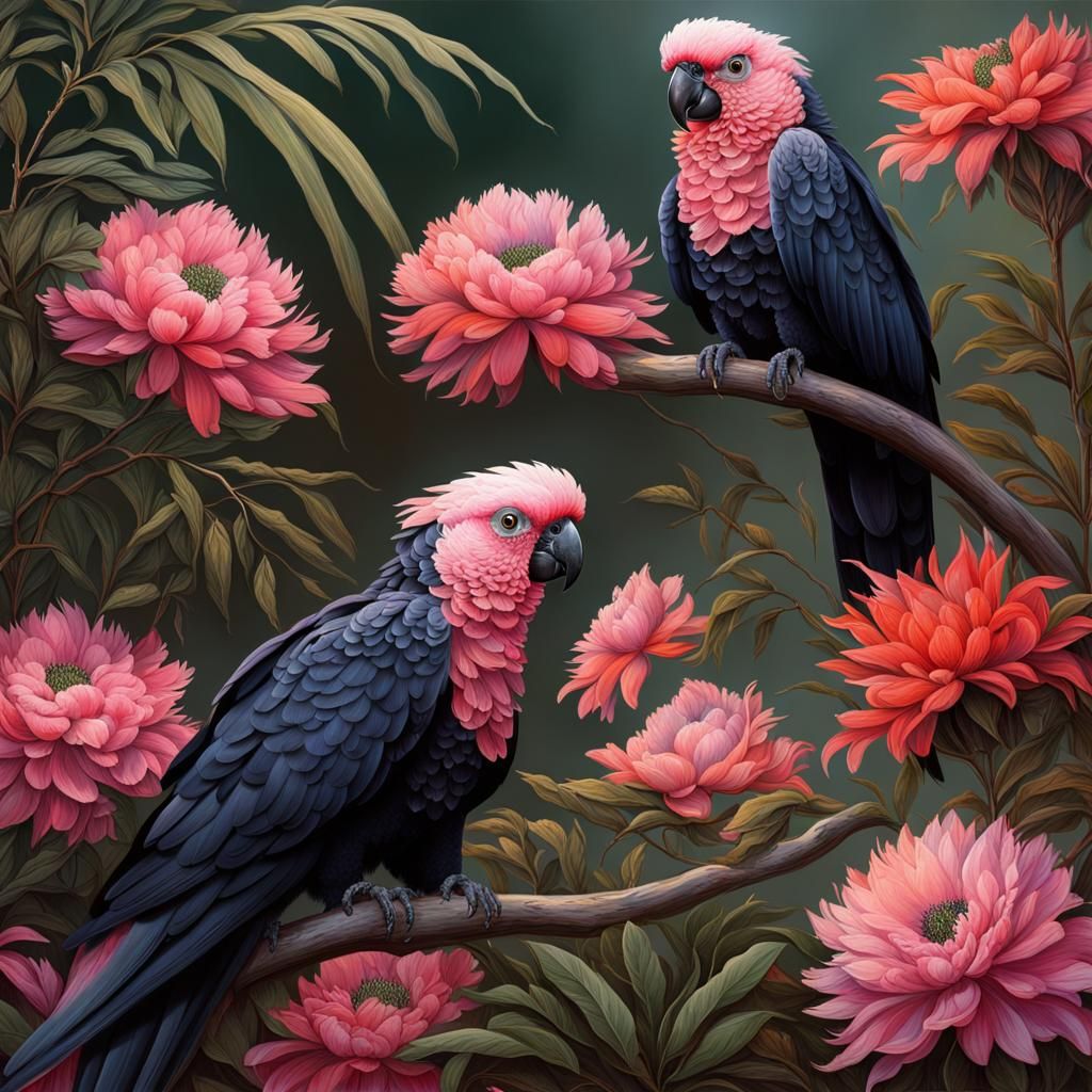 Black Cockatoos in Bush Garden at Dawn