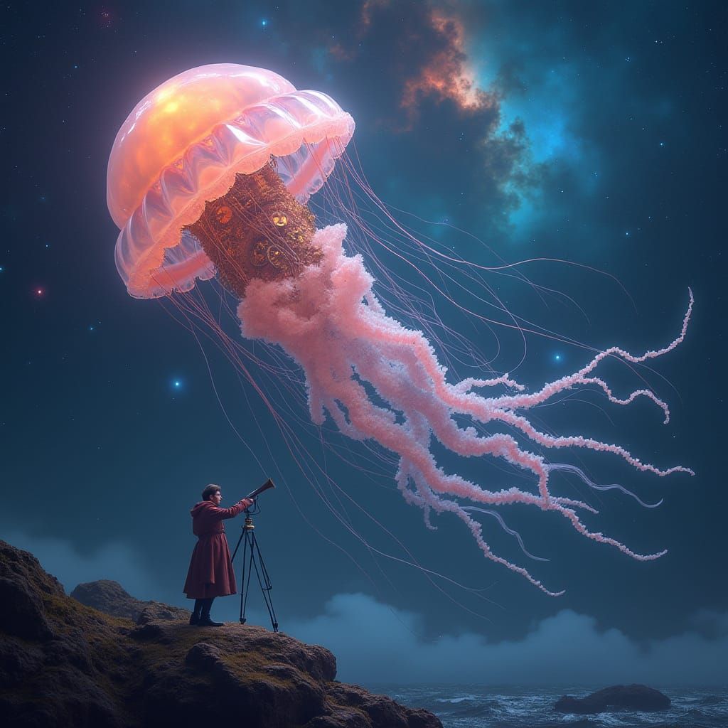 Bioluminescent Jellyfish Drifting Through Nebula in Clockpun...