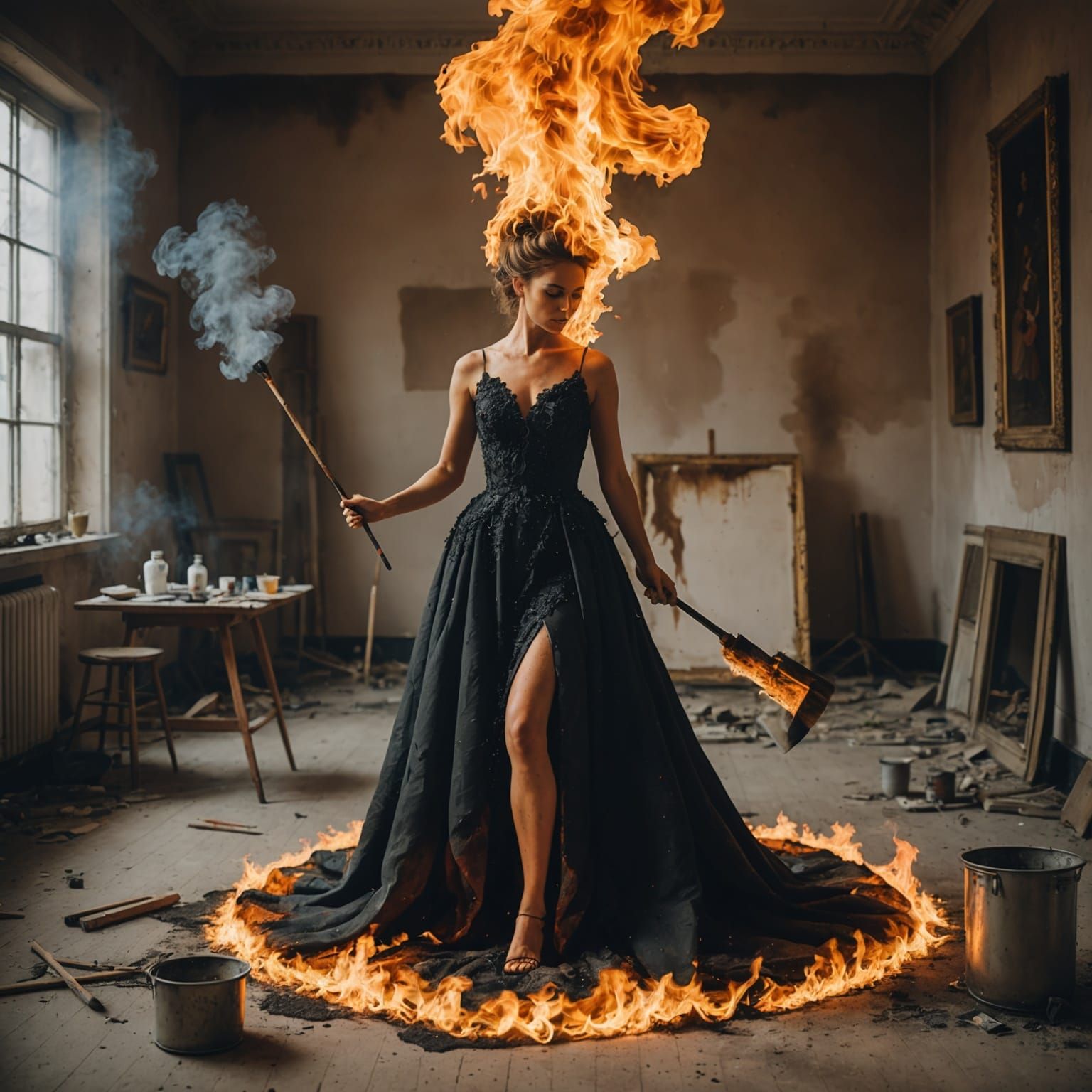 Inferno Muse: Woman Painting Fire in Burning Room