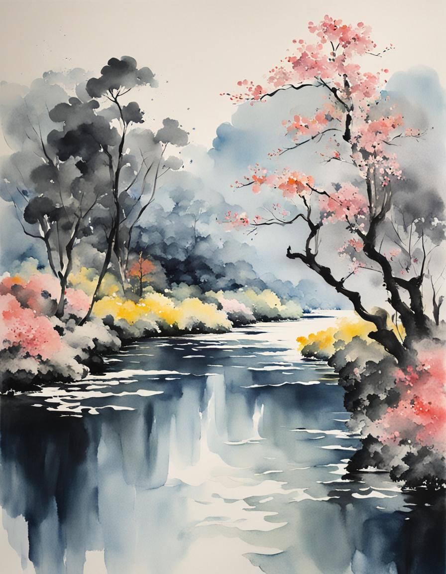 Minimalist Chinese Ink River Painting in Gouache Style