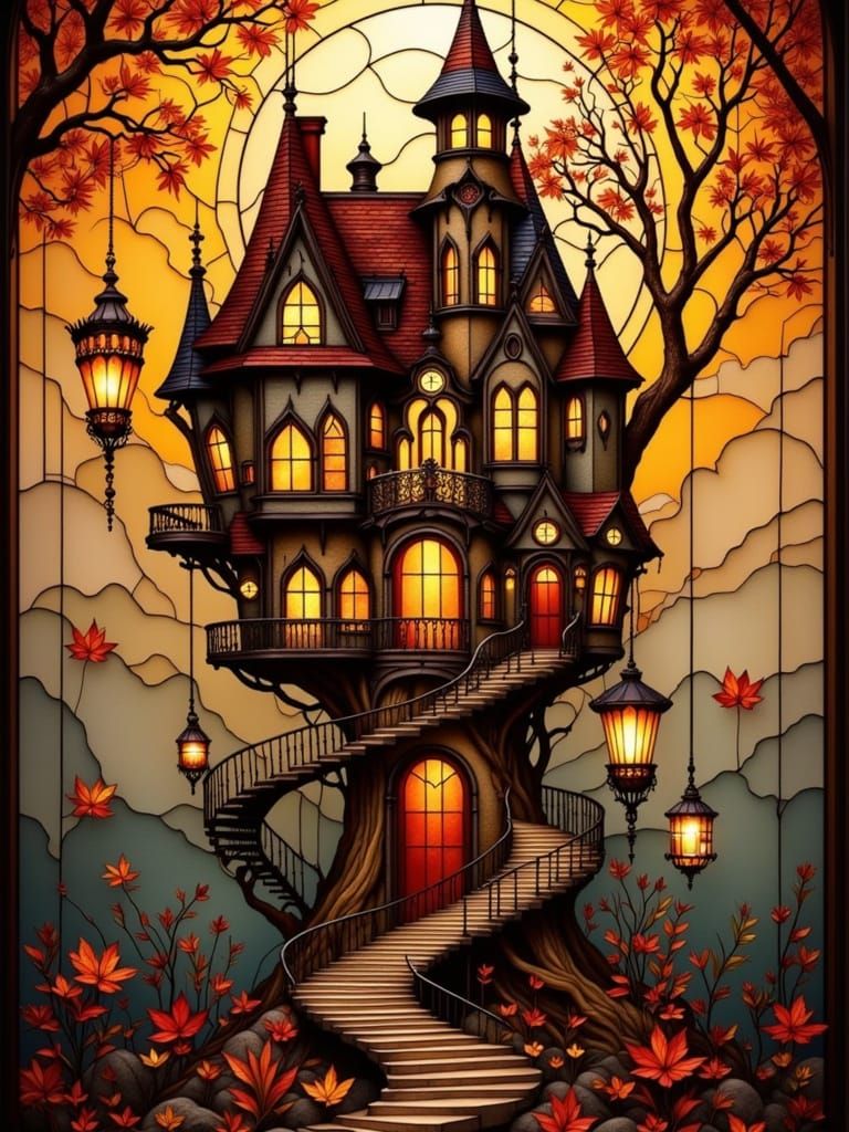 Fantastical Doll Head Castle in Stained Glass Style