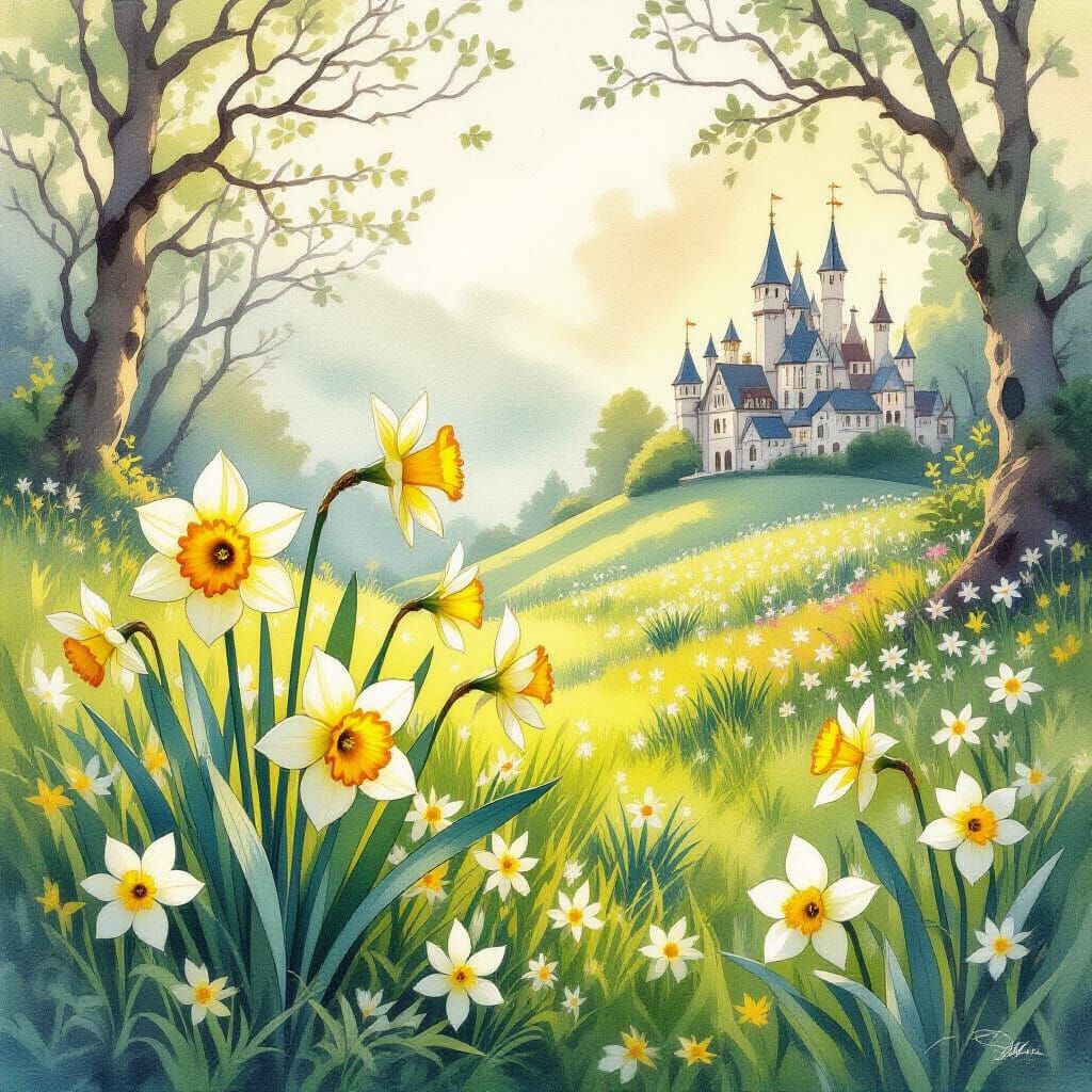 Daffodils Bloom in Fairy City: Watercolor Art