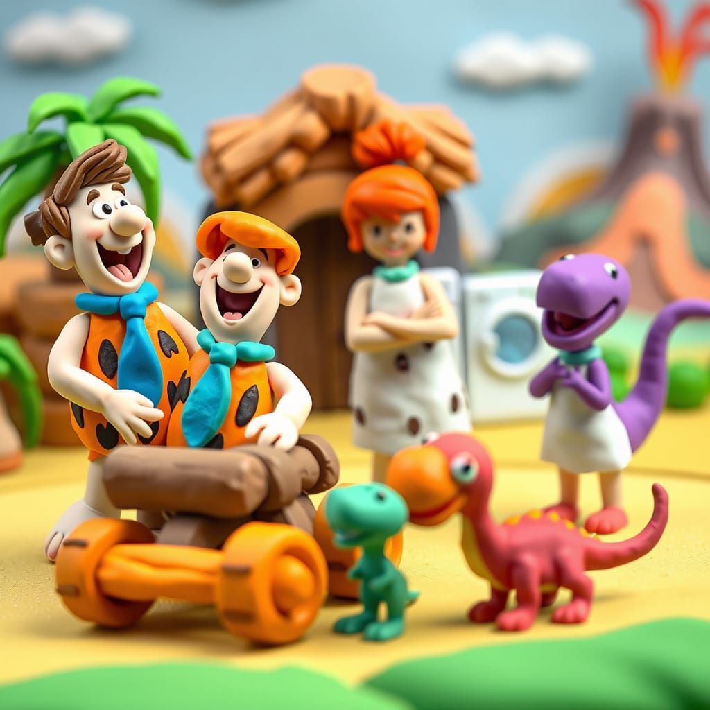 Flintstones Family in Playful Claymation-Style Scene