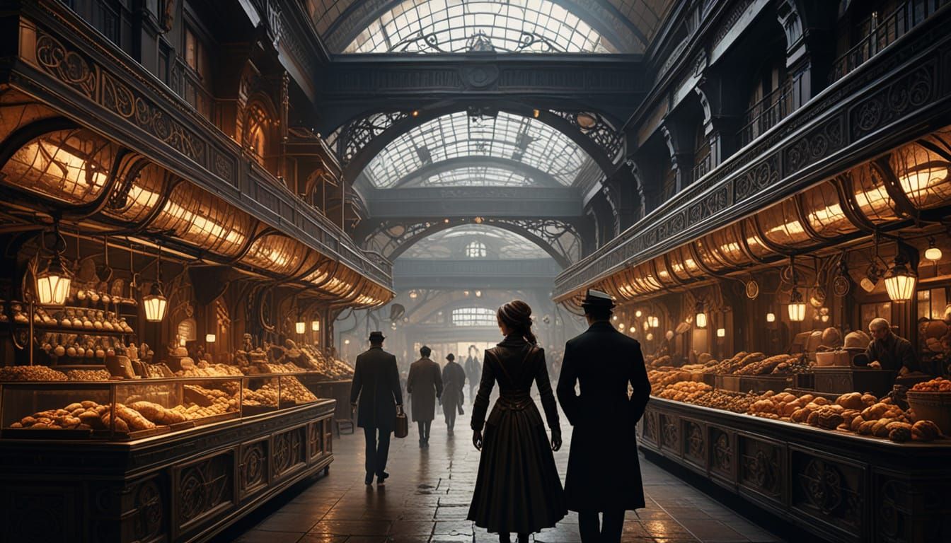 Elegant Steampunk Heroine Stands Beside Brooding Companion i...