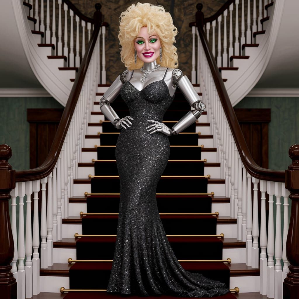 Whimsical Dolly Parton Robot on Grand Staircase