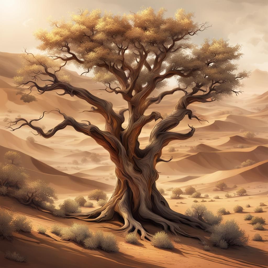 Lonely Tree in Arid Desert: Earth Tones Digital Art