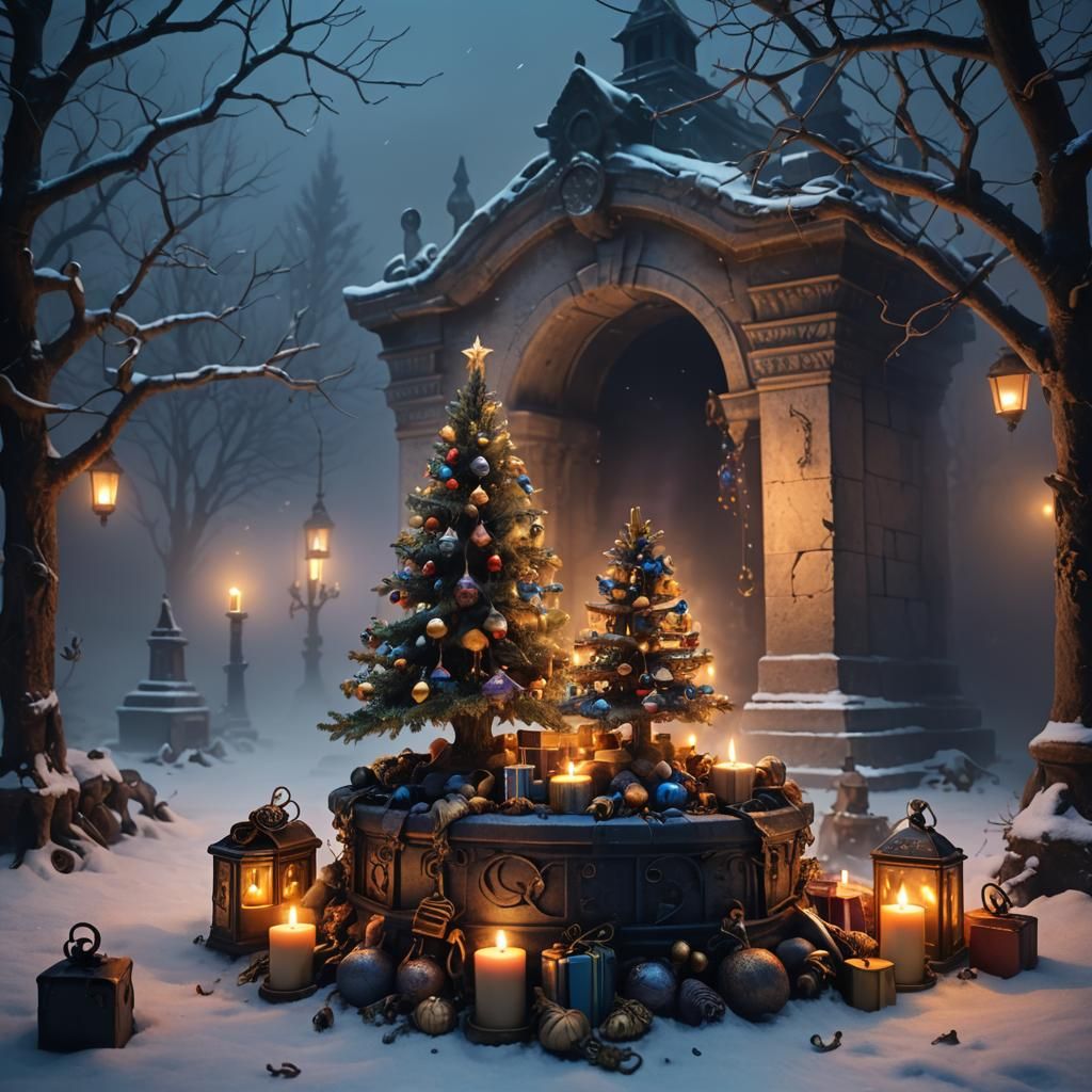 Fog-Shrouded Crypt Christmas Tree Illuminated by Glowing Can...