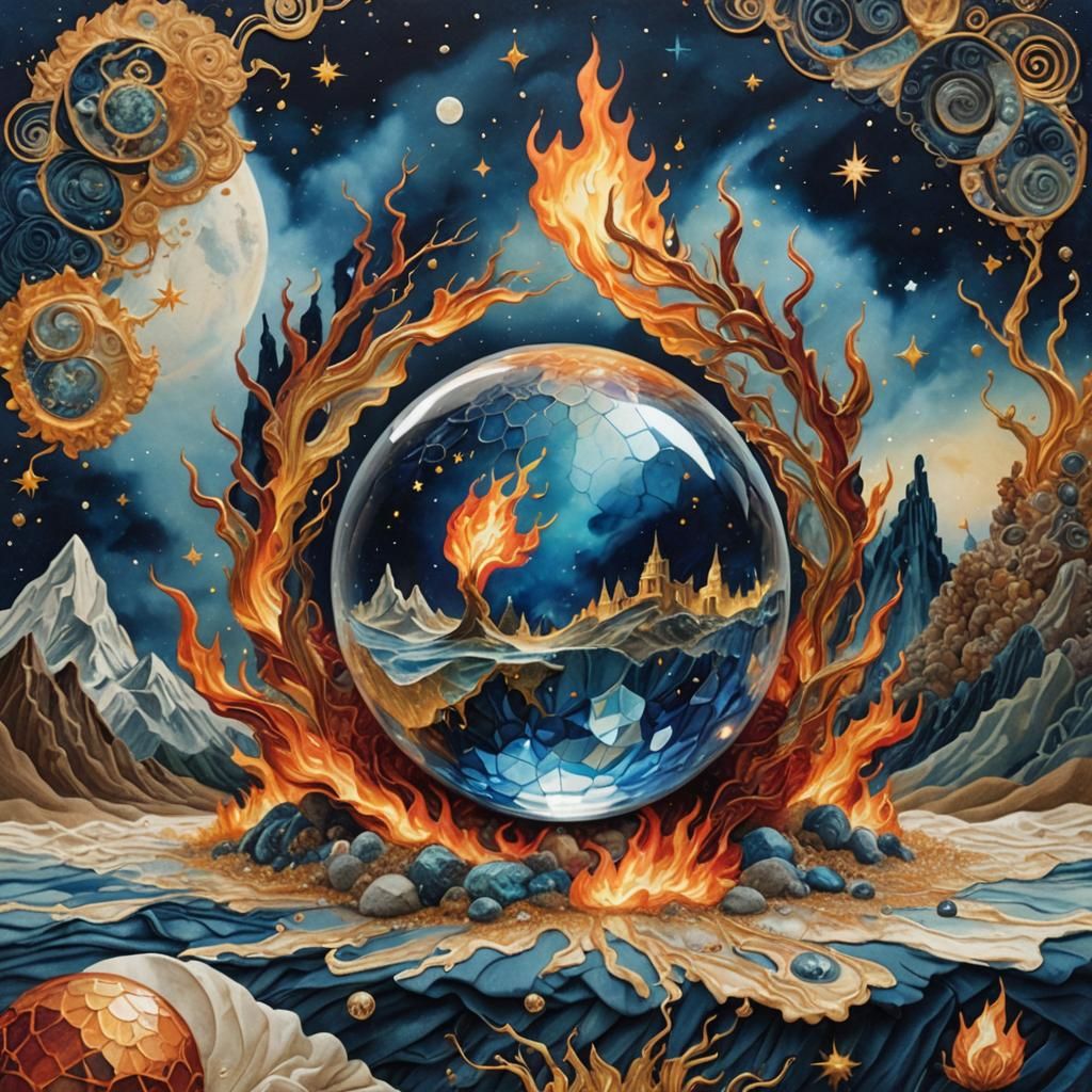 Surreal Crystal Ball Reflecting Burning Earth in Textile Art
