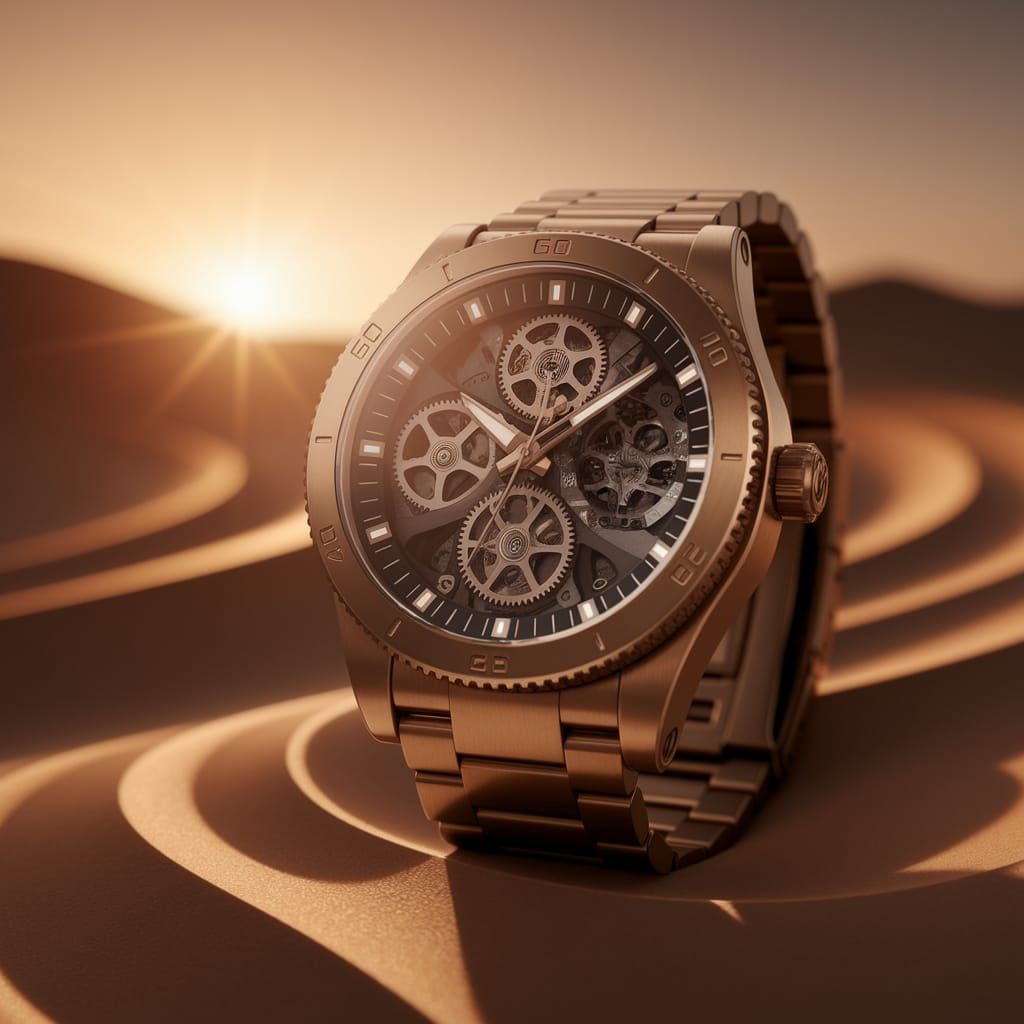 Sleek Bronzenpunk Wristwatch Amidst Desert Sunset