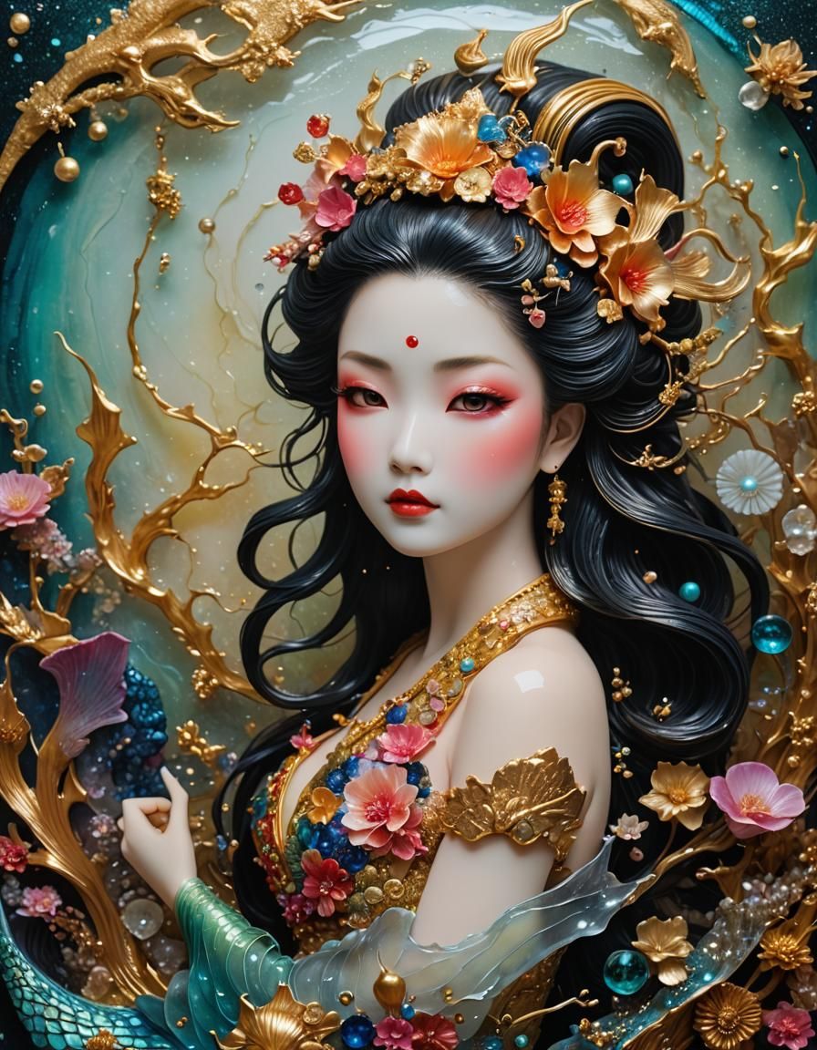 Mermaid Geisha in Mixed Media