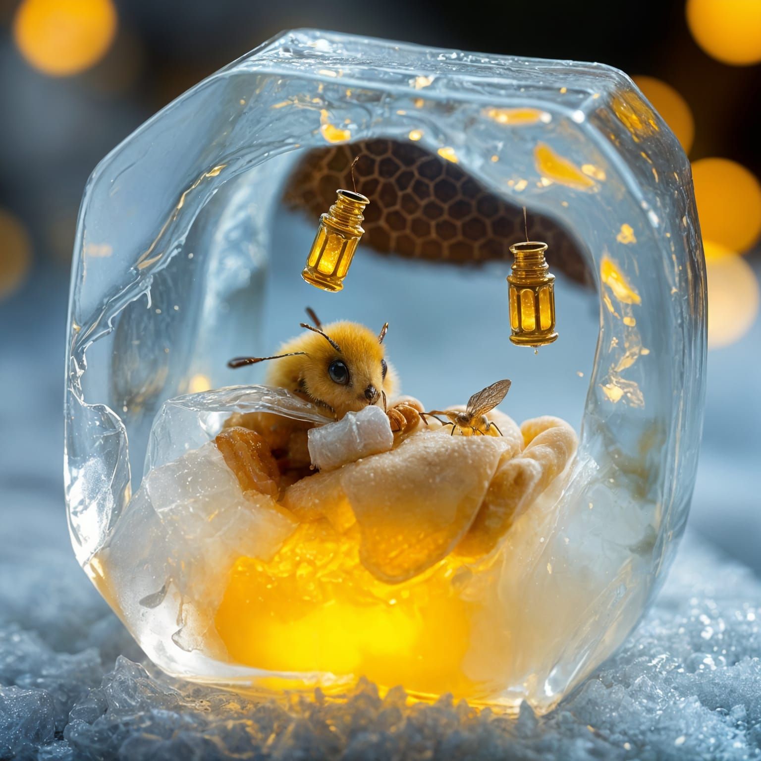 Whimsical Ice-Cube Scene with Tiny Bee Hive and Cozy Nursery