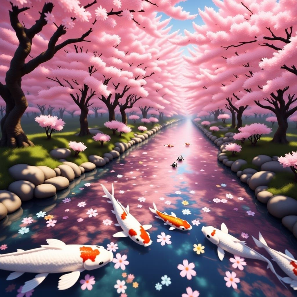 Vibrant Cherry Blossom Pond in Realistic 3D Style