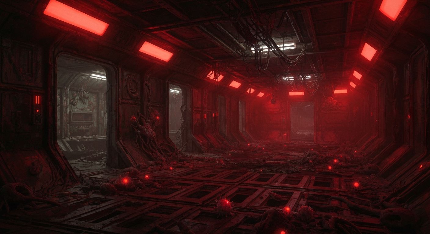 Horror Space Station Interior with Viral Outbreak