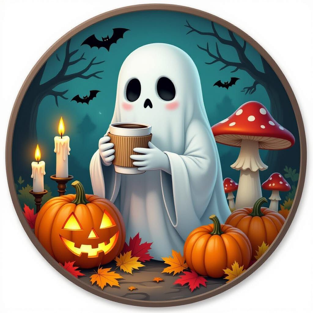 Ghost With Coffee and Autumn Scene in Round Frame