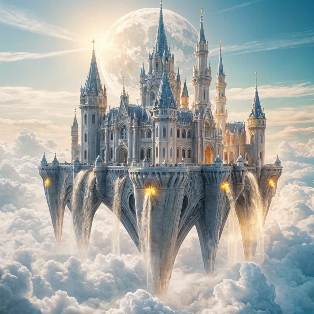 Majestic Floating Castle Above Clouds with Ethereal Light