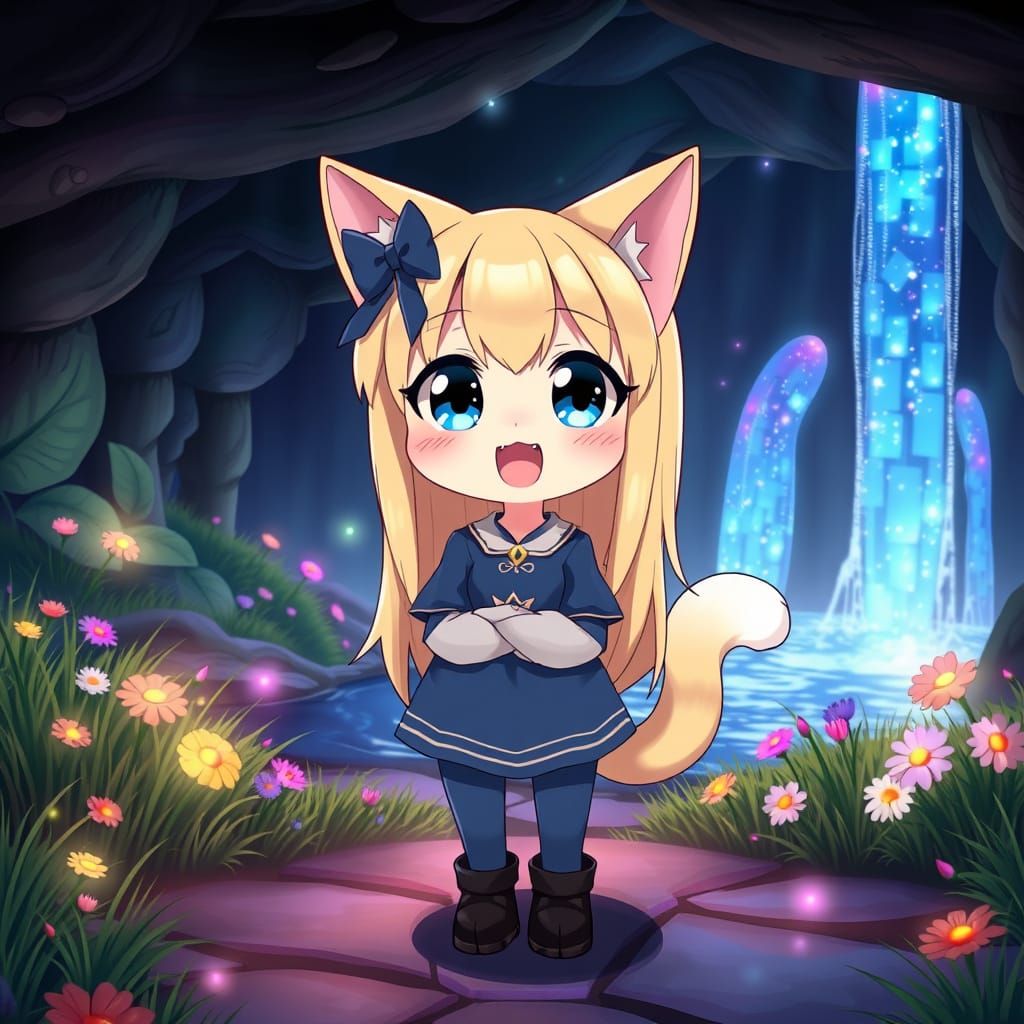 Surreal Anime Catgirl Basks in Zen Garden's Radiant Glow