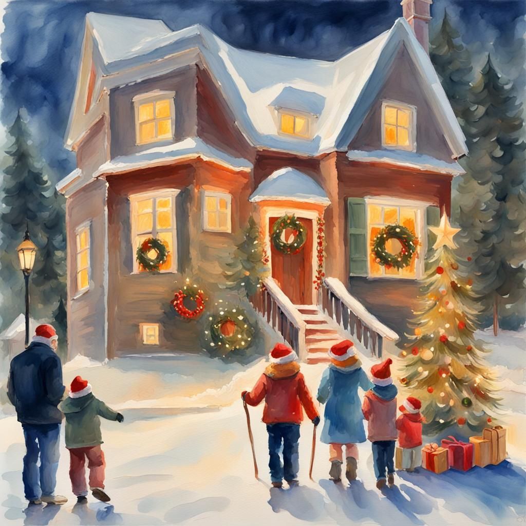Impressionist Christmas Family Tradition in Gouache Style