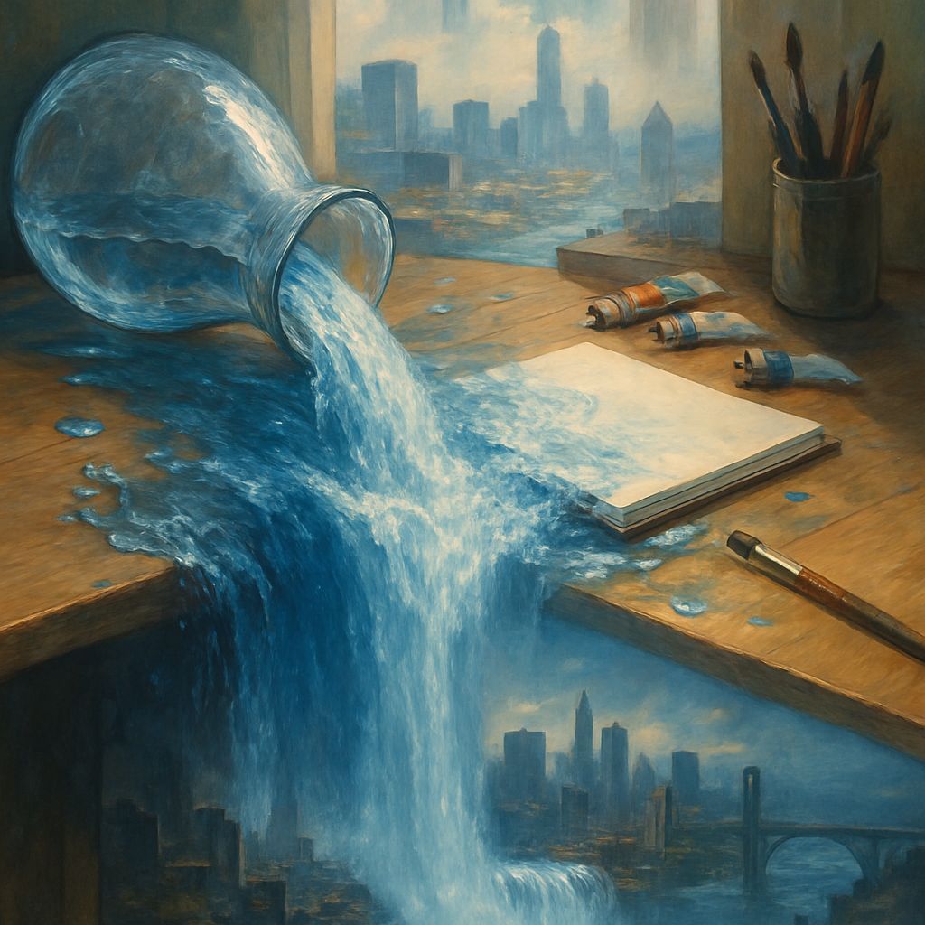 Surreal Waterfall Cityscape Emerges from Spilled Water