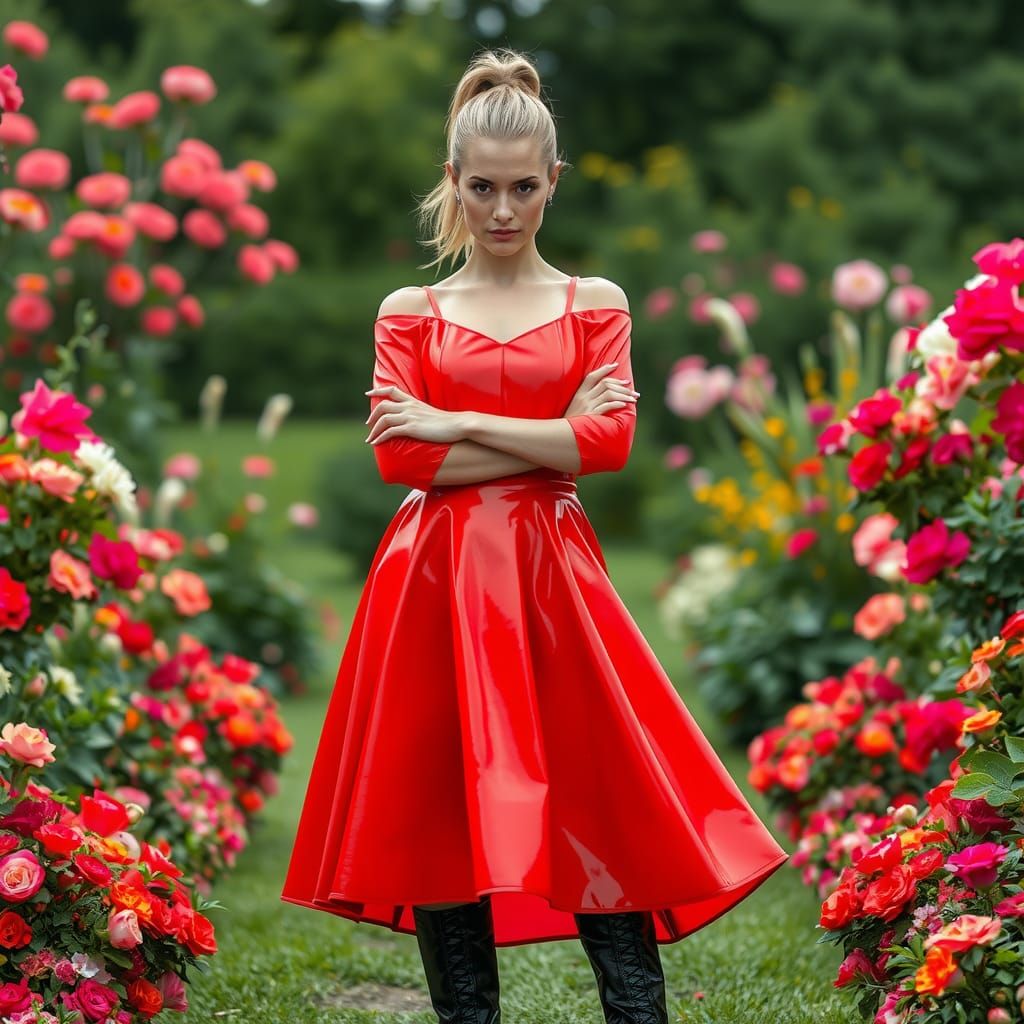 Woman in Red PVC Dress in Garden, Realistic Style