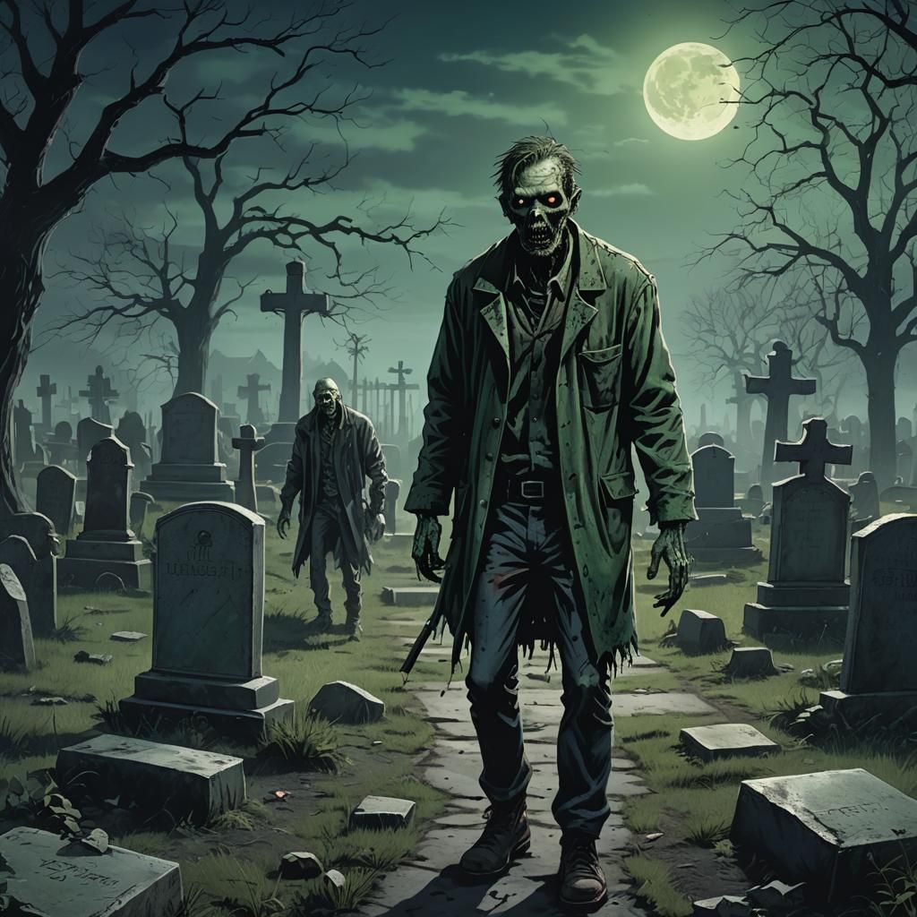 Zombie Walks Through Cemetery in Comic Book Style