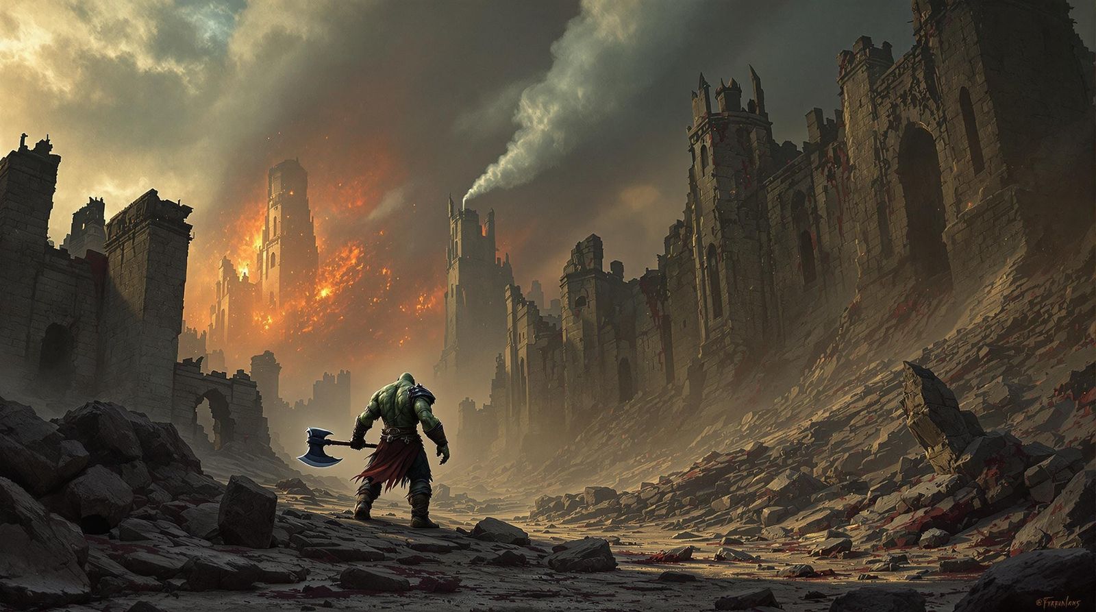 Orc Warrior on Battlefield with Crumbling Fortress