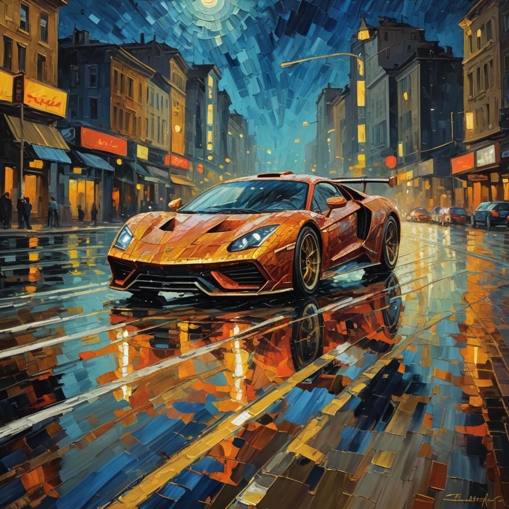 Sleek Supercar Speeding: Expressionist Oil Painting