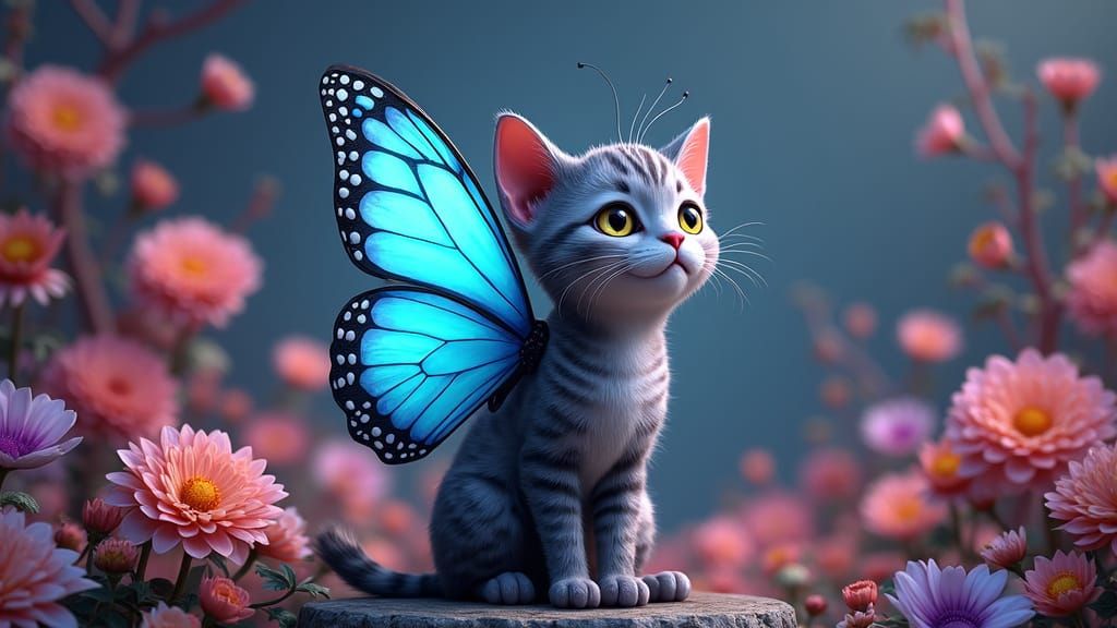 Surreal Tabby Cat with Butterfly Wings in 3D Anime Style