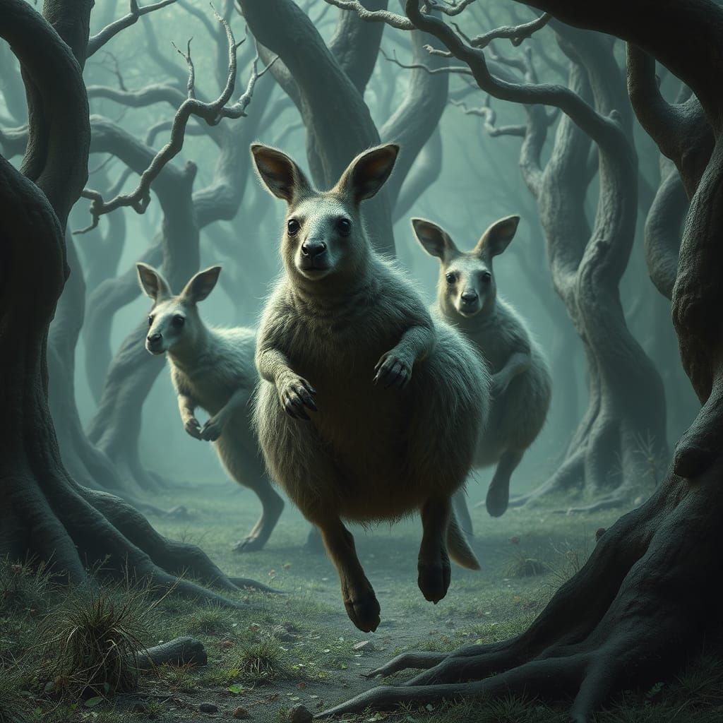 Surreal Macabre Kangaroos in Dreamlike Forest