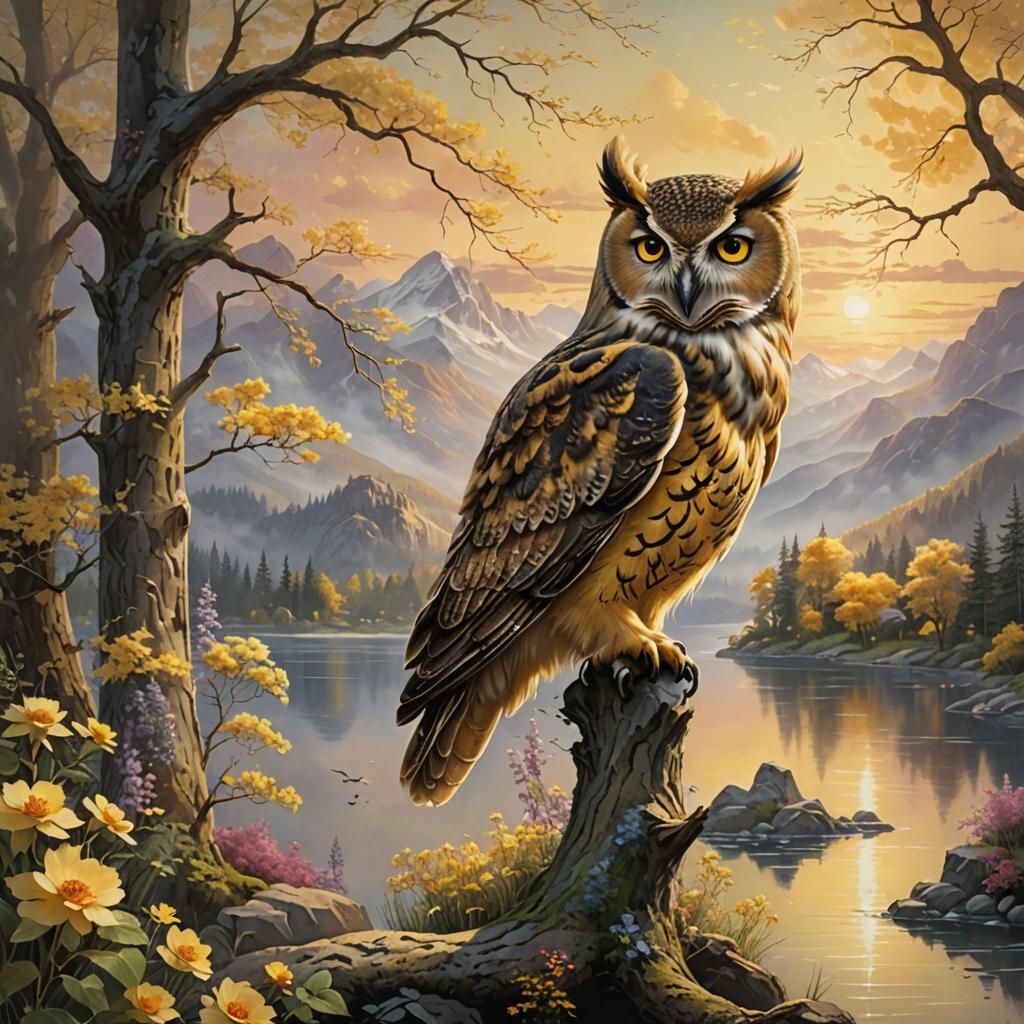 Owl in Tree at Sunset: Ethereal Fantasy Art