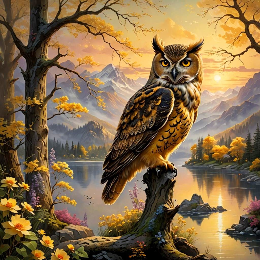 Owl in Tree at Sunset: Ethereal Fantasy Art