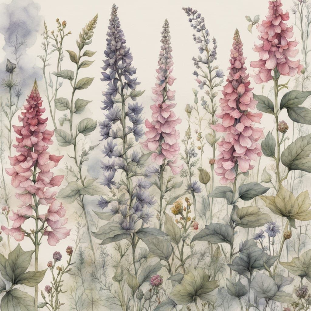 Wolfsbane, Foxglove, 
Witch’s herbs, 
poisonous plants,
botanical,
botanical illustration,
watercolour, pastel