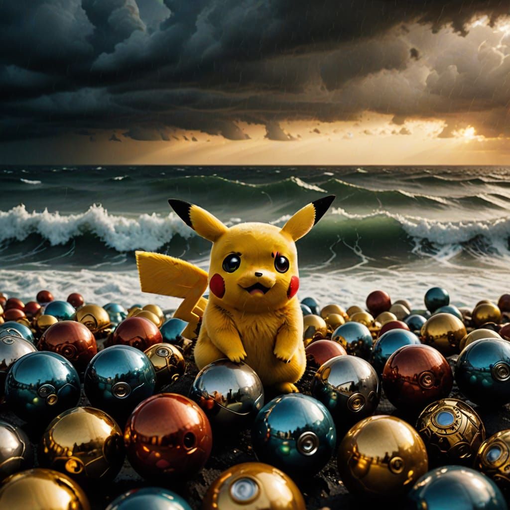 Pikachu Trapped in a Surreal Abyss of Rusted Pokeballs