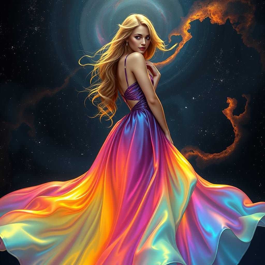 Ethereal Goddess of the Cosmos in Vibrant, Iridescent Dress